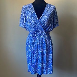 Michael Kors V-neck elastic waist/sleeve size XS blue/white paisley print dress
